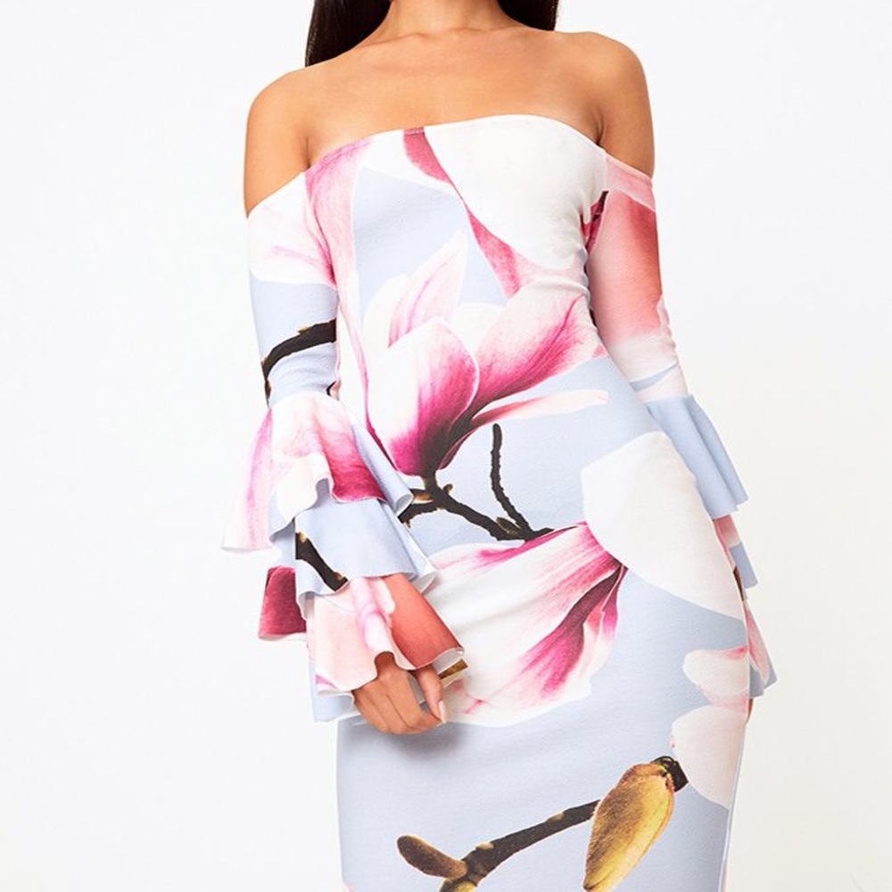 Blue Floral Bardot Ruffle Sleeve Midi Dress